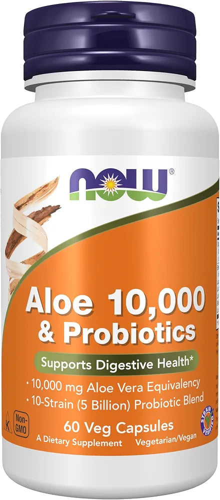 NOW Foods Supplements, Aloe 10,000 & Probiotics with 10-Strain  Probiotic Blend, 60 Veg Capsules