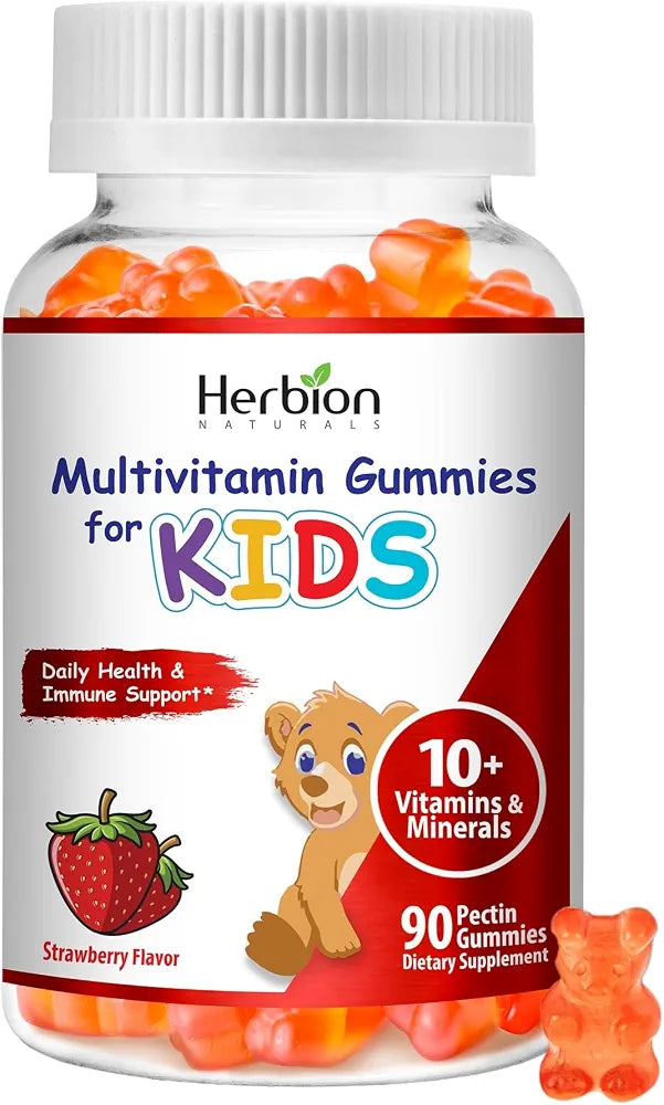 HERBION Naturals Multivitamin Gummies for Kids, Immune Support with Vitamin C, D3, B12, A, E & Zinc, Strawberry Flavor, Gluten Free, Vegan, Chewable Gummies for Vitality & Immunity, 90 CT, Pack of 1