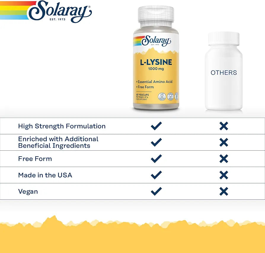 Solaray L-Lysine 1000mg, 60 Vegan Capsules, 500mg per Capsule | Amino Acid Supplement for Pre and Post Workout, Double Strength, 500mg per Capsule, Lab Verified, Magnesium Stearate Free