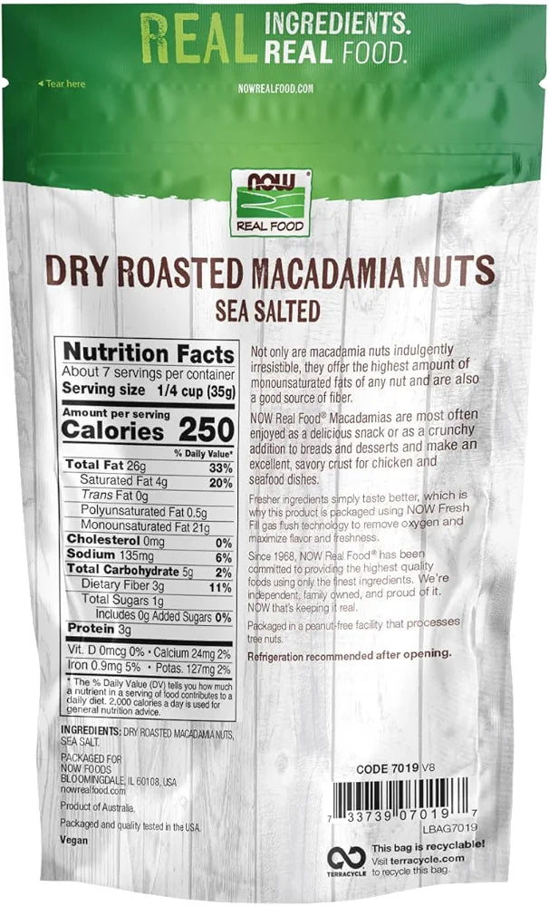 NOW Foods, Macadamia Nuts, Dry Roasted with Sea Salt, Source of Fiber, Gluten-Free and Certified Non-GMO, 9-Ounce 