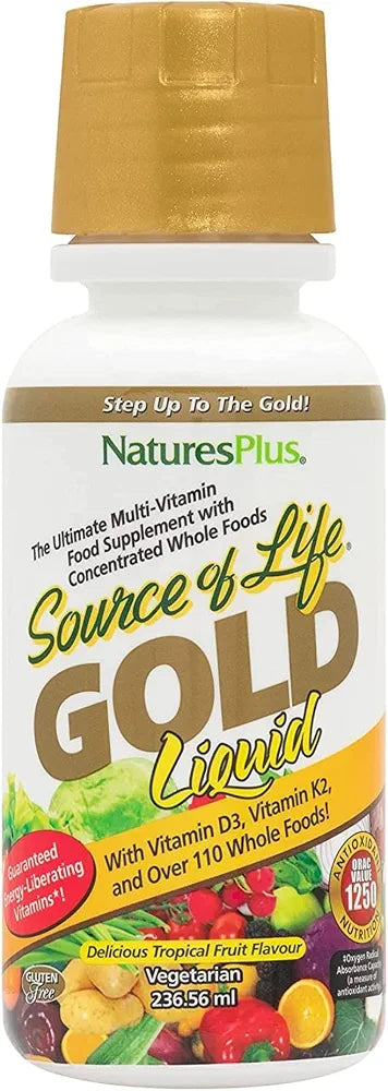 NaturesPlus Source of Life GOLD Multivitamin Liquid - 8 oz - With Vitamins D3, B12 & K2 - Blood, Bone & Immune Support - Vegetarian & Gluten Free - 8 Servings
