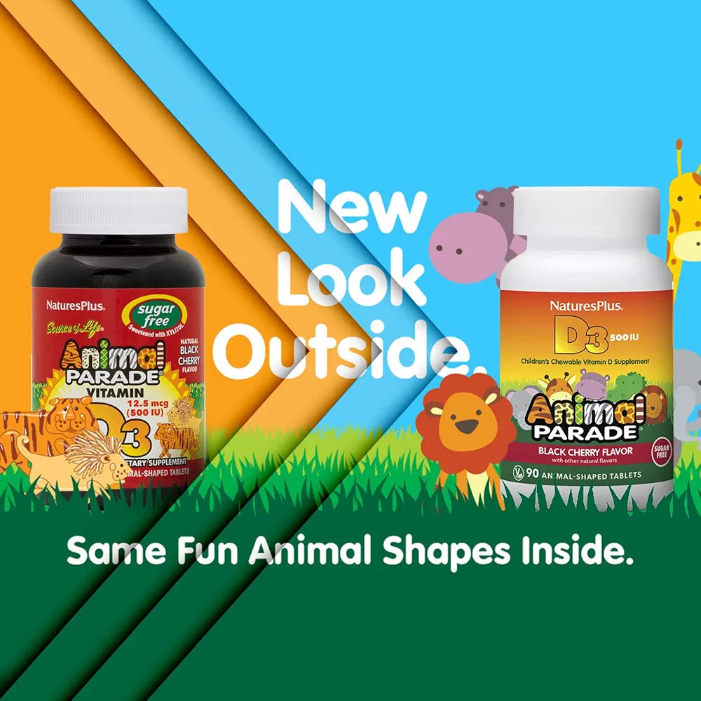 Natures Plus Animal Parade Sugar-Free Children's Vitamin D3 - 500 IU - Black Cherry Flavor - 90 Chewable Animal Shaped Tablets - Bone Health & Immune System Support - 90 Servings