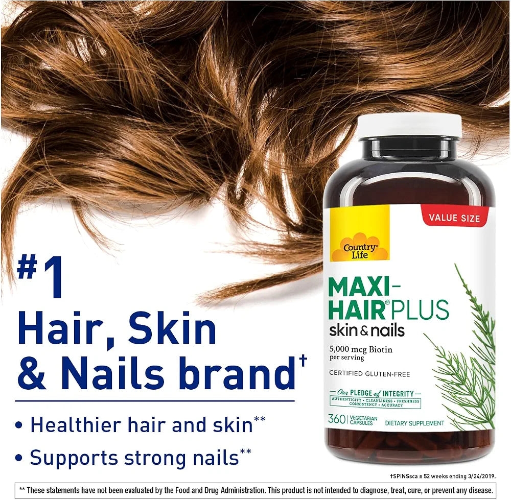 Country Life Maxi-Hair Plus 5000 mcg Biotin, 360 Capsules, Certified Gluten Free, Certified Vegetarian