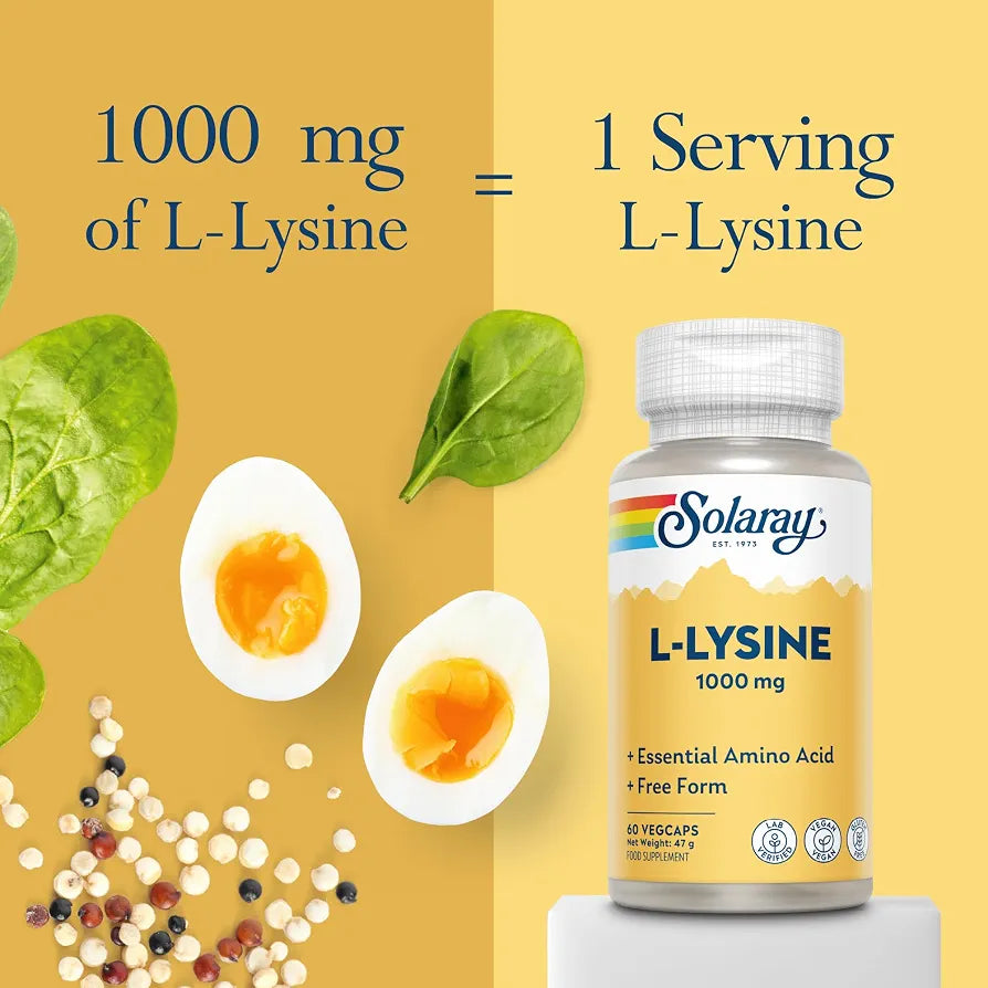 Solaray L-Lysine 1000mg, 60 Vegan Capsules, 500mg per Capsule | Amino Acid Supplement for Pre and Post Workout, Double Strength, 500mg per Capsule, Lab Verified, Magnesium Stearate Free