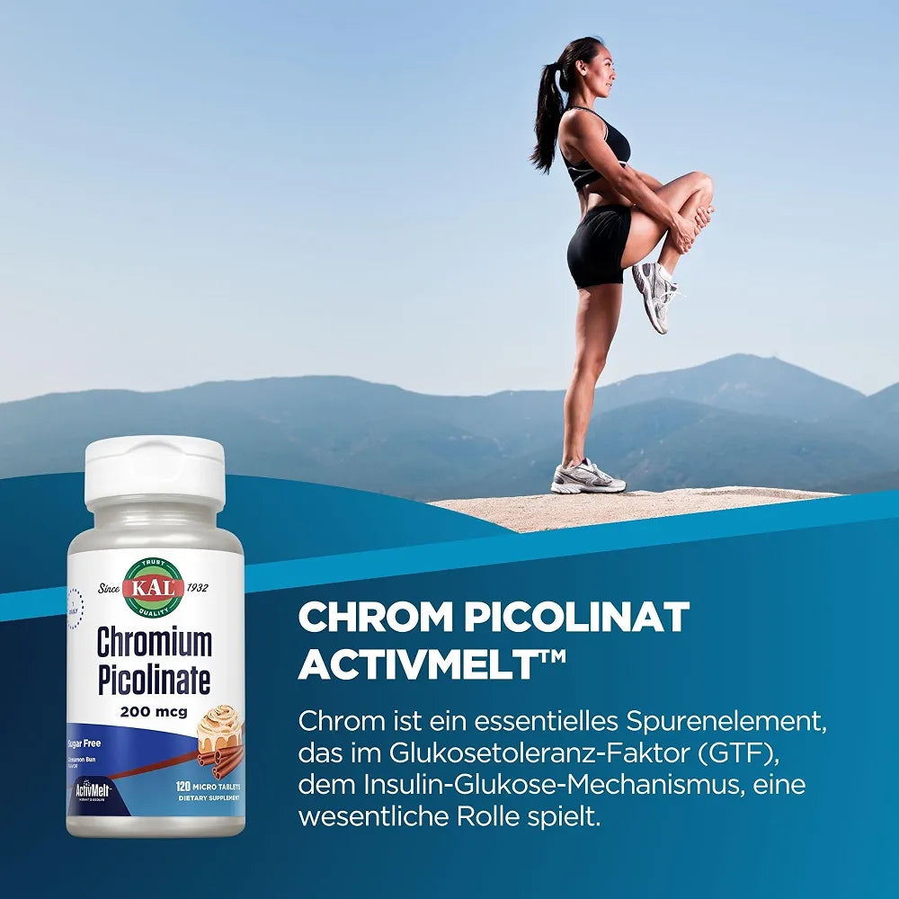 KAL Chromium Picolinate 200mcg Supplement, Healthy Metabolism Support, Fast Dissolving ActivMelts for Enhanced Absorption, Vegetarian, Sugar Free, Cinnamon Bun Flavor, 120 Servings, 120 Micro Tablets