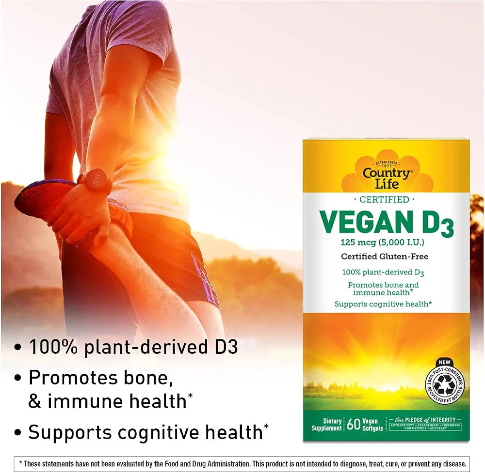 Country Life Vegan D3 5000 IU – Plant-Derived Vitamin D3 from Lichen – Certified Vegan, Gluten-Free, Non-GMO – Clean, Simple Formula – 60 Softgels