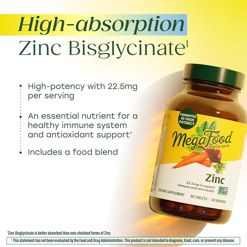 MegaFood Zinc Supplements - Vegan Immune Support Supplement With 22.5 mg High Potency Fermented Zinc - Made With Real Food - Gluten-Free, Kosher - 60 Tablets, 60 Servings