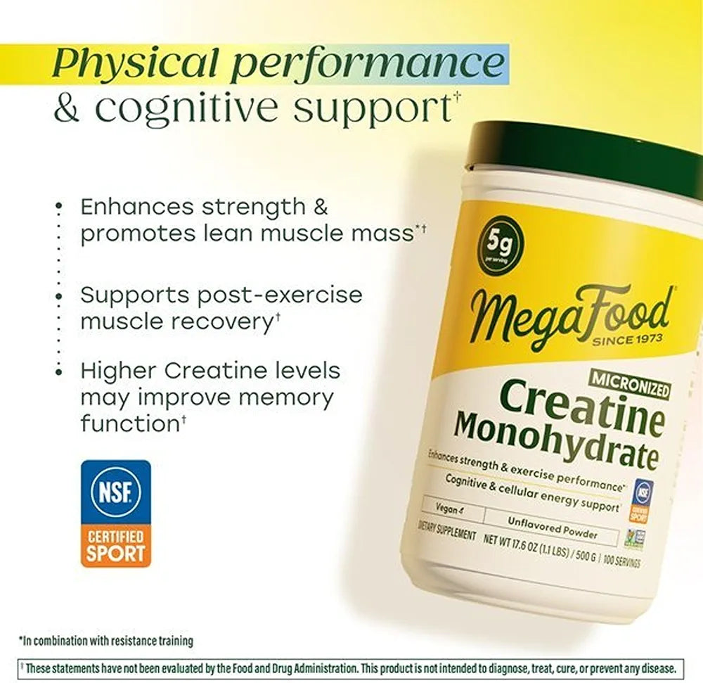MegaFood Micronized Creatine Monohydrate Powder, Unflavored, 500 Grams