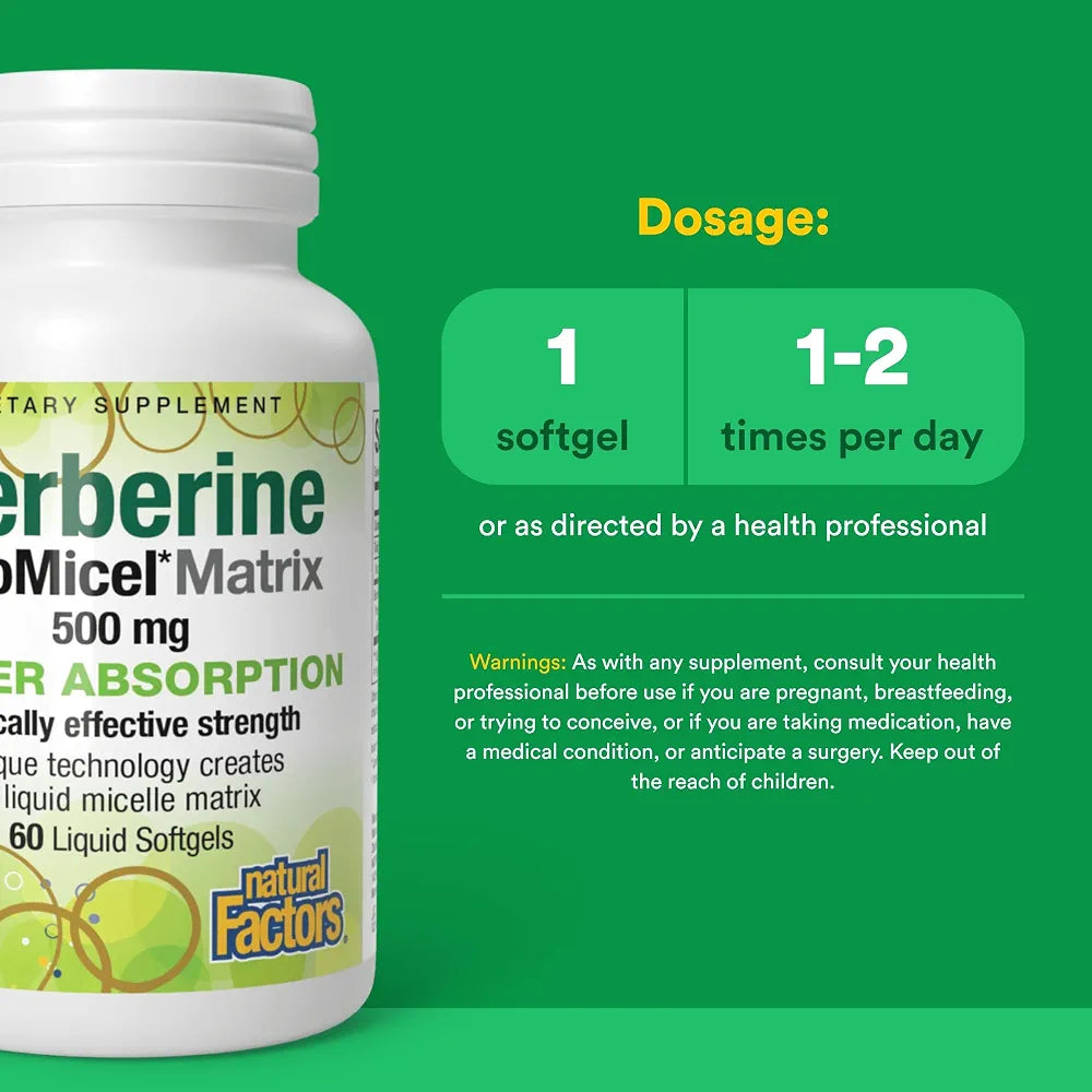Natural Factors Berberine LipoMicel Matrix - Daily Supplement Supports Metabolic Health - Formula Supports General Health - Gluten-Free & Dairy-Free - 60 Liquid Softgels 
