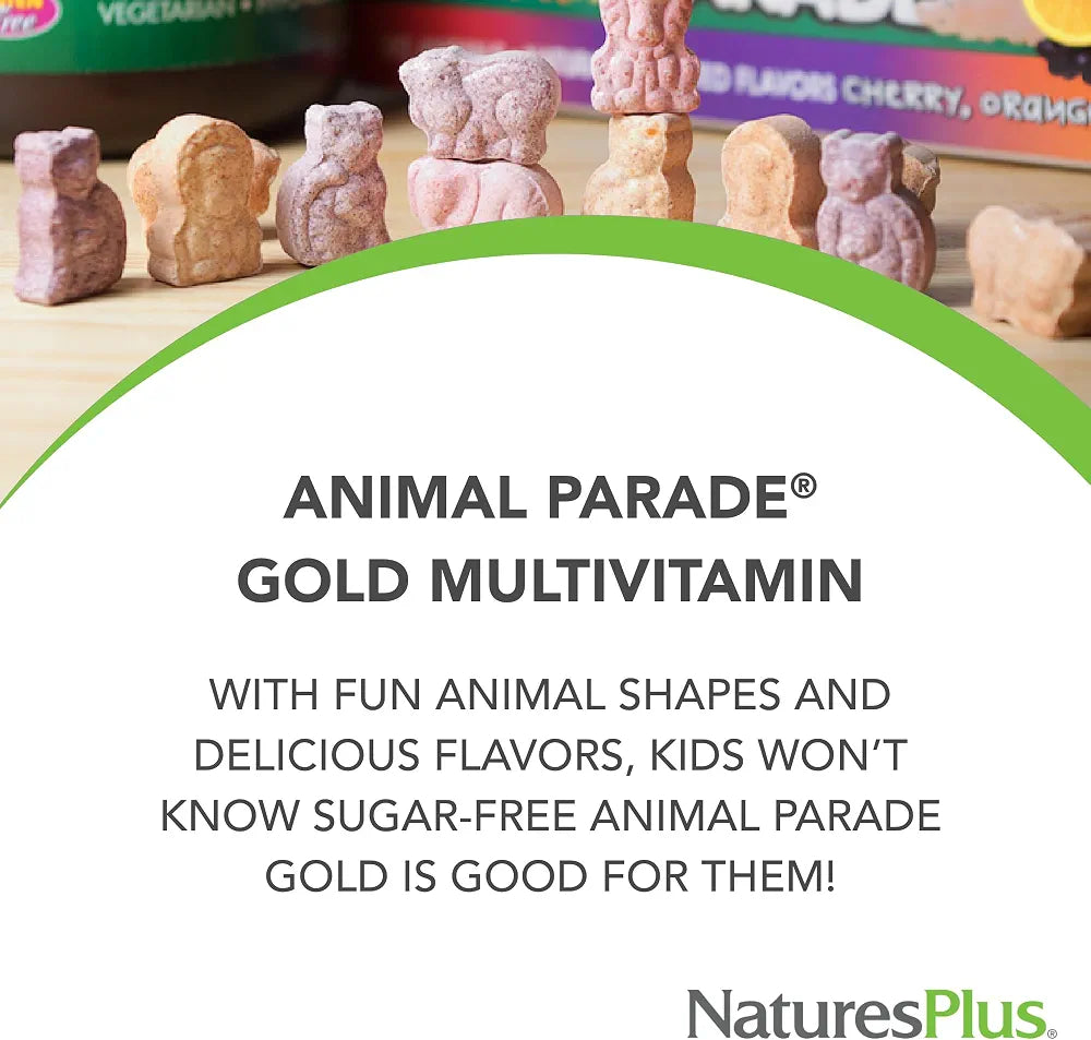 NaturesPlus Animal Parade Source of Life Gold Children's Chewable Multivitamin - Assorted Cherry, Orange & Grape Flavors - 60 Chewable Tablets - Vegetarian, Gluten-Free - 30 Servings