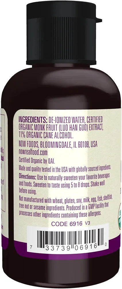 NOW Foods, Certified Organic Monk Fruit Liquid, Zero-Calorie Liquid Sweetener, Non-GMO, Low Glycemic Impact, 2-Ounce