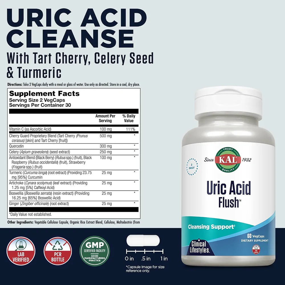 KAL Uric Acid Flush | Tart Cherry Blend, Celery Seed & More for Healthy Joint Comfort Support | 30 Servings | 60 VegCaps