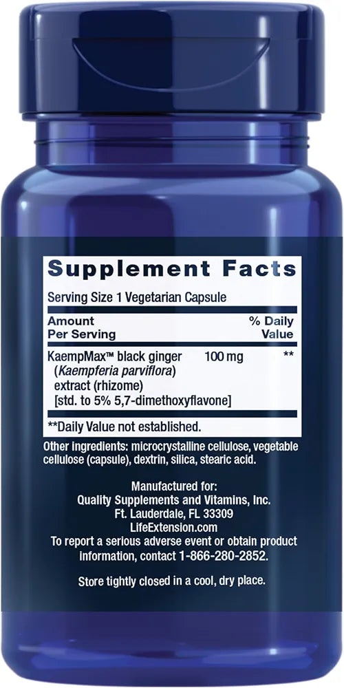 Life Extension Male Vascular Sexual Support, Black Ginger, Kaempferia parviflora, Male Sexual Health, Sexual Function, Gluten-Free, Non-GMO, 1-Daily, 30 Vegetarian Capsules