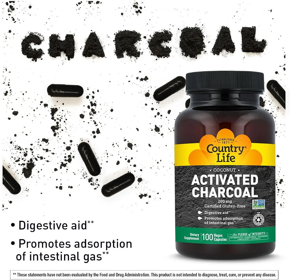 Country Life Coconut Activated Charcoal Capsules, 260mg – Natural Charcoal Supplement for Gas and Bloating Relief - Gluten-Free, 100 Vegan Capsules