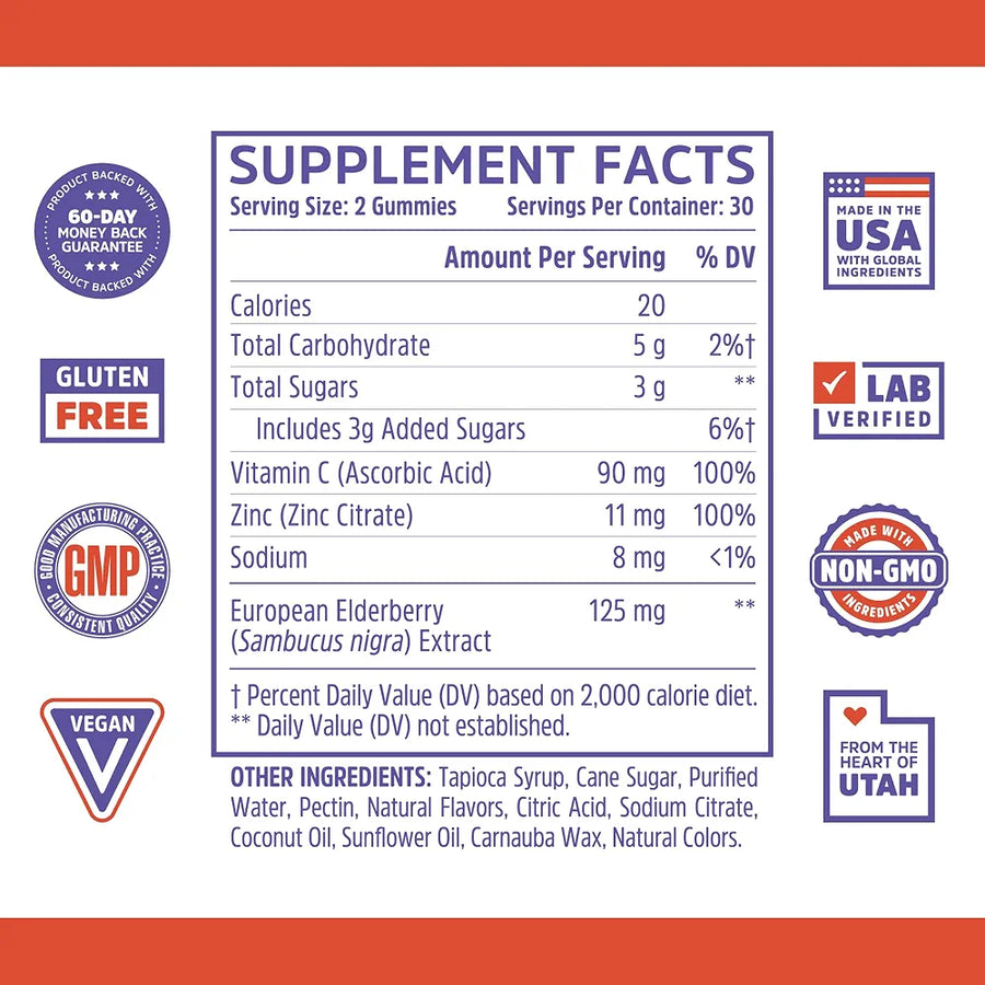 ZHOU Elder-Mune Elderberry Gummies with Vitamin C & Zinc, 60 Count