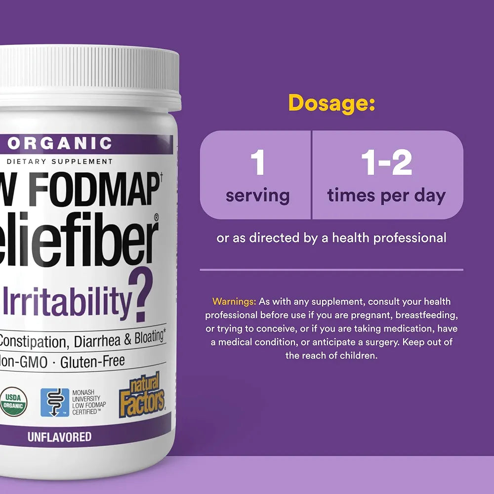 Natural Factors Organic Low FODMAP Reliefiber Powder - Digestive Health Support Supplement with Dietary & Soluble Fiber - Gut Health Support Aids Mild Bloating - Unflavored, 5.3 oz 