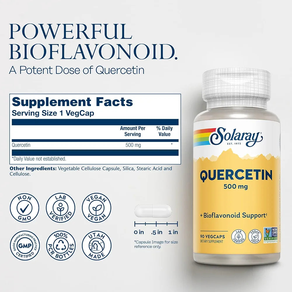 SOLARAY Quercetin 500mg Capsules - Antioxidants Supplement - Bioflavonoid and Antioxidant Support for Overall Health and Wellness - Non-GMO, Vegan, Lab Verified, 60-Day Guarantee, 90 Servings