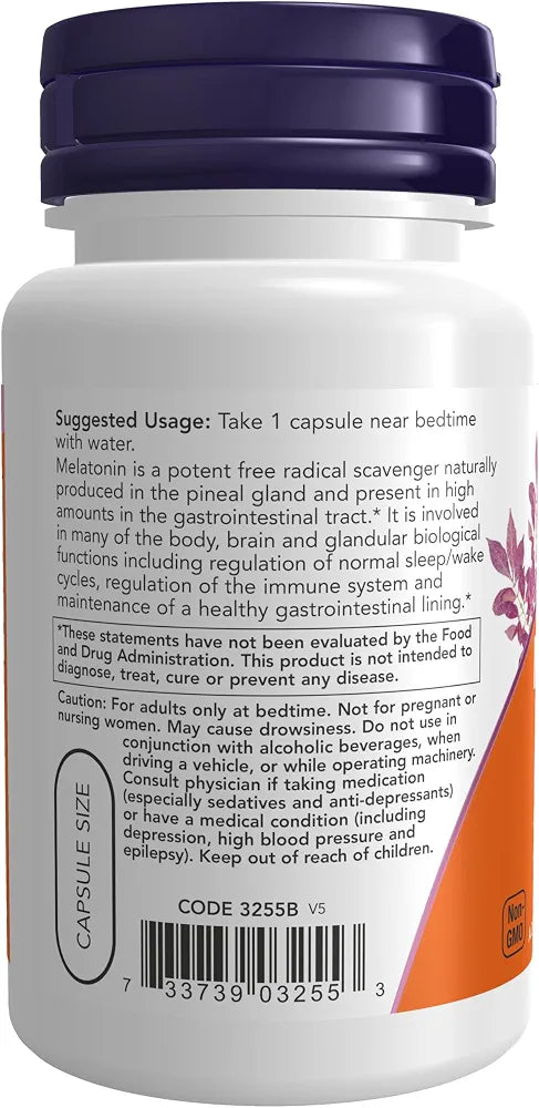 NOW Foods Supplements, Melatonin 3 mg, Free Radical Scavenger*, Healthy Sleep Cycle*, 60 Veg Capsules
