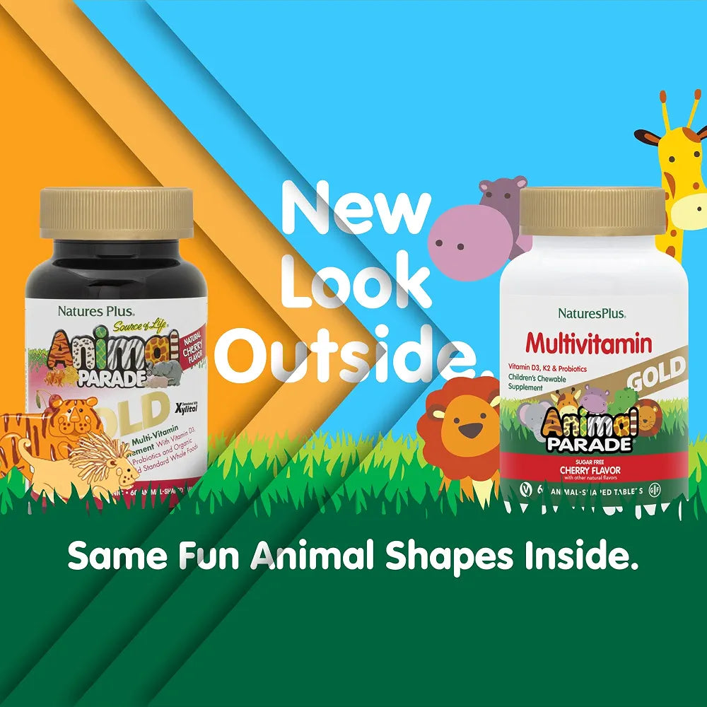 NaturesPlus Animal Parade Gold Multivitamin Children’s Chewables - Cherry Flavor - 60 Chewable Animal-Shaped Tablets - with Vitamin D3, K2 & Probiotics - 30 Servings