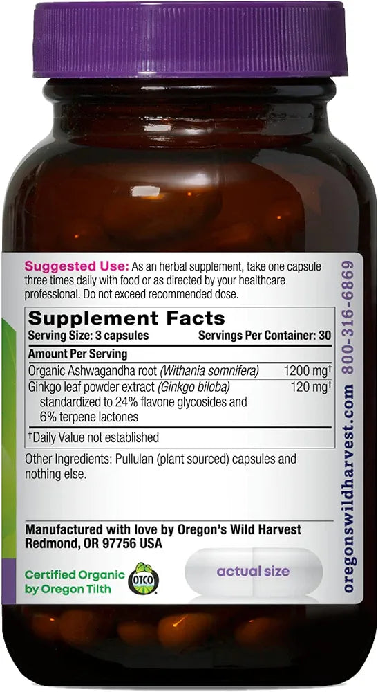 Oregon's Wild Harvest Ashwagandha Ginkgo Organic Non-GMO Herbal Supplements Vegan Plant sourced Capsules | Support for Calm and Relaxed Mind, 90 Count