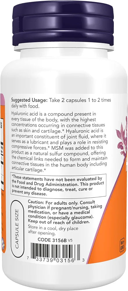 NOW Supplements, Hyaluronic Acid 50 mg with MSM, Joint Support*, 60 Veg Capsules