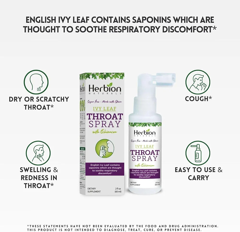 HERBION Naturals Throat Spray, Soothes Respiratory Discomfort with the Power of English Ivy, Marshmallow, and Echinacea extracts for Adults and Children, 2 Fl Oz, Pack of 1