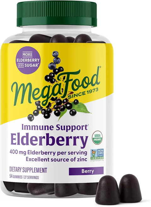 MegaFood Elderberry Gummies for Kids, Teens & Adults, Immune Support Supplement, Gummy Vitamins - Made with Zinc & Real Food, Pectin-Based, USDA Organic, Vegan - 54 Count, 27 Servings