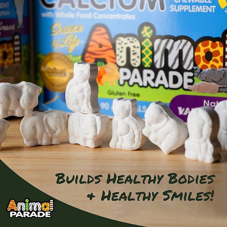 Nature's Plus Animal Parade Sugar-Free Children's Calcium Supplement - Vanilla Sundae Flavour - 90 Chewable Animal Shaped Tablets – Whole Foods - Gluten Free - 45 Servings
