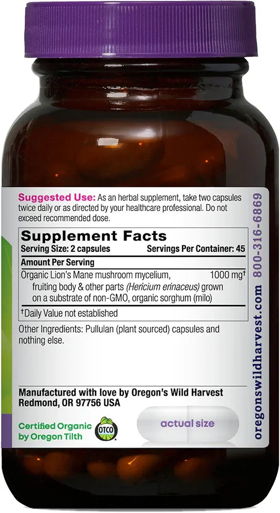 Oregon's Wild Harvest Lion's Mane Organic Herbal Supplement, Vegan Capsules, 90 Count