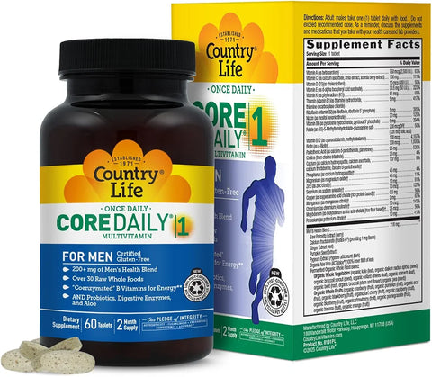 Country Life Core Daily-1 for Men - Multivitamin with Probiotics, Saw Palmetto, Pumpkin Seed Extract, and Coenzymated B Vitamins - Gluten-Free and Vegetarian - 60 Tablets