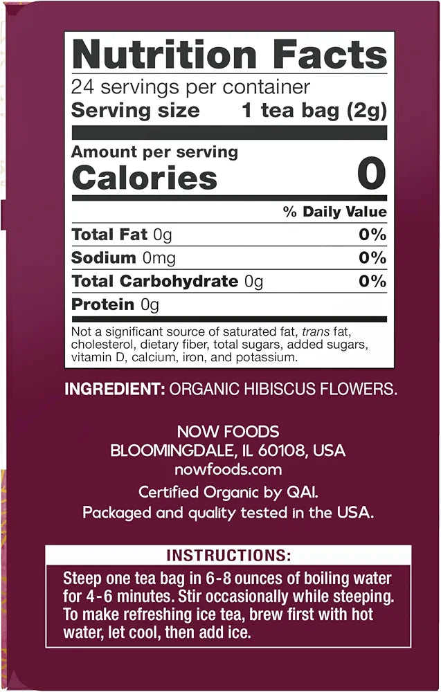 NOW Foods, Organically Hip Hibiscus™ Tea, Caffeine-Free, Non-GMO, No Added Colors, Preservatives or Sugars, Premium Unbleached Tea Bags with our No-Staples Design, 24-Count