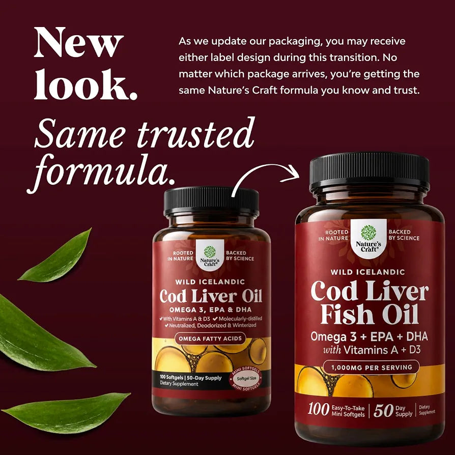 Icelandic Wild Caught Cod Liver Oil Softgels - Fish Omega 3, EPA, DHA, Vitamin D & A, 1000mg Per Serving - Burpless Capsules for Heart, Joint, Brain & Immune Support - 100 Count