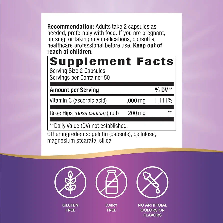 Nature's Way Vitamin C-500 with Rose HIPS; 1000 mg per Serving; 100 Capsules