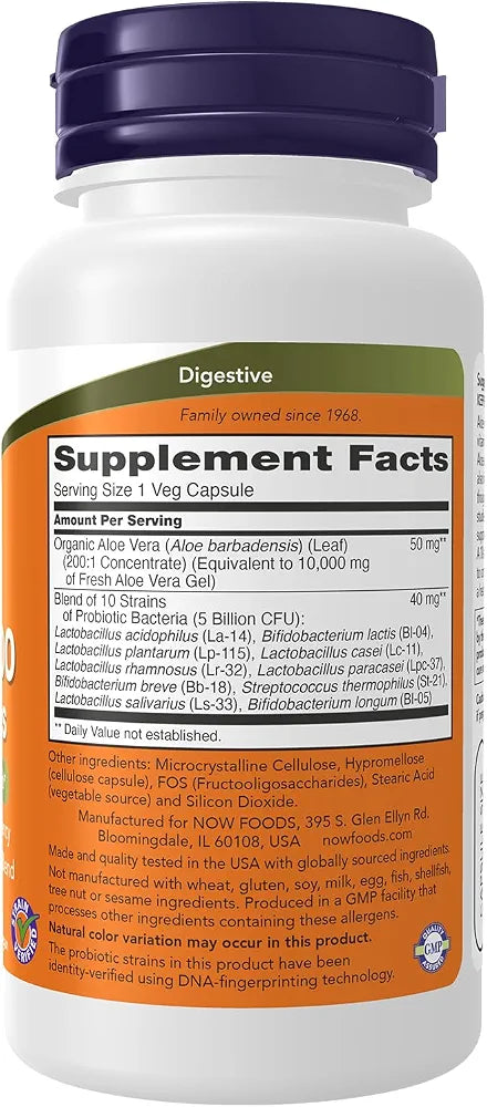 NOW Foods Supplements, Aloe 10,000 & Probiotics with 10-Strain  Probiotic Blend, 60 Veg Capsules