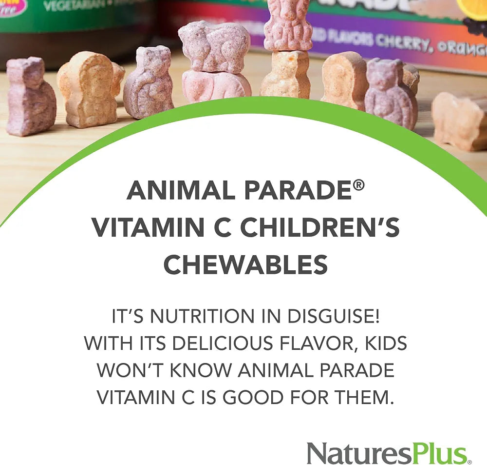 NaturesPlus Animal Parade Vitamin C Children's Chewable - Natural Orange Juice Flavor - 90 Animal-Shaped Tablets - Vegan, Vegetarian, Gluten Free - 45 Servings