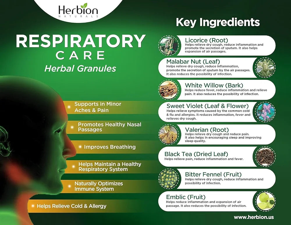 HERBION Naturals Respiratory Care Herbal Granules, Natural Mint Flavor, Soothing Hot Drink, Promotes Respiratory Health & Seasonal Wellness, 10 Count 
