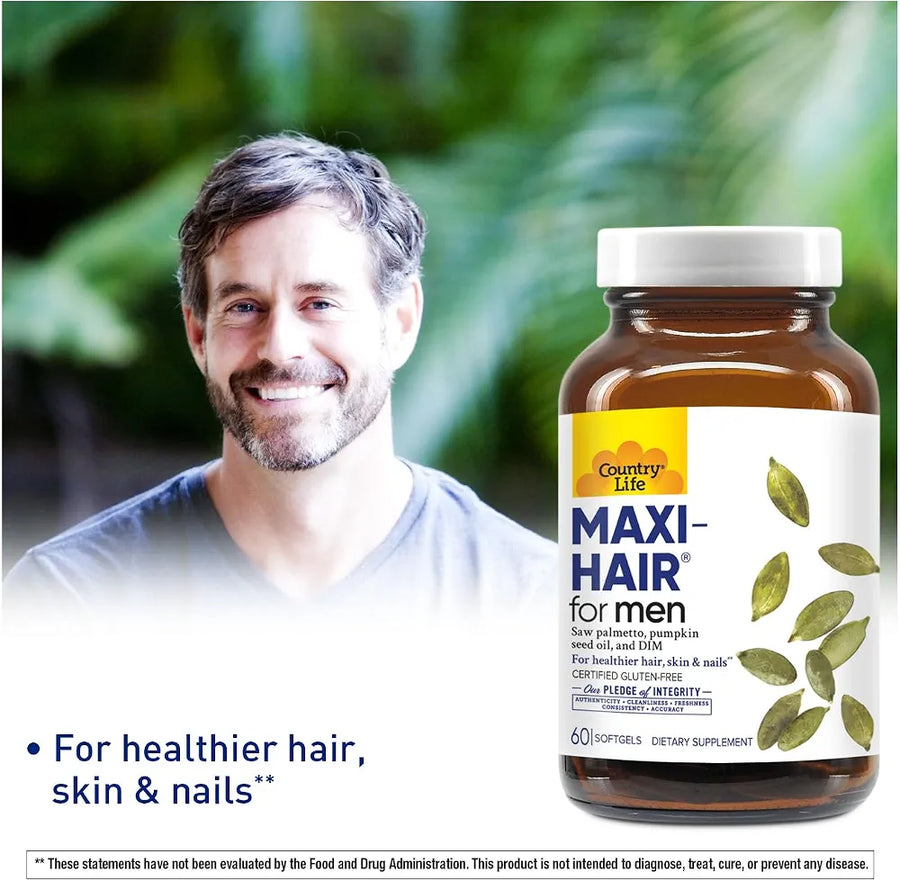 Country Life Maxi-Hair for Men - 2000mcg Biotin, Saw Palmetto, Pumpkin Seed Oil, DIM, Potassium, Magnesium, Calcium & Zinc Blend - Supports Healthier Hair, Scalp, Skin & Nails, 60 Vegan Capsules
