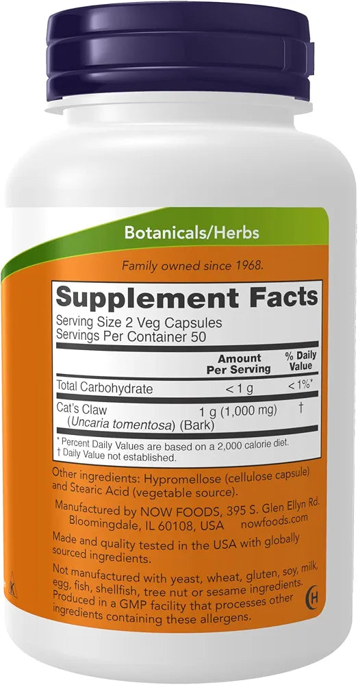 NOW Foods Supplements, Cat's Claw 500 mg, Non-GMO Project Verified, Herbal Supplement, 100 Veg Capsules