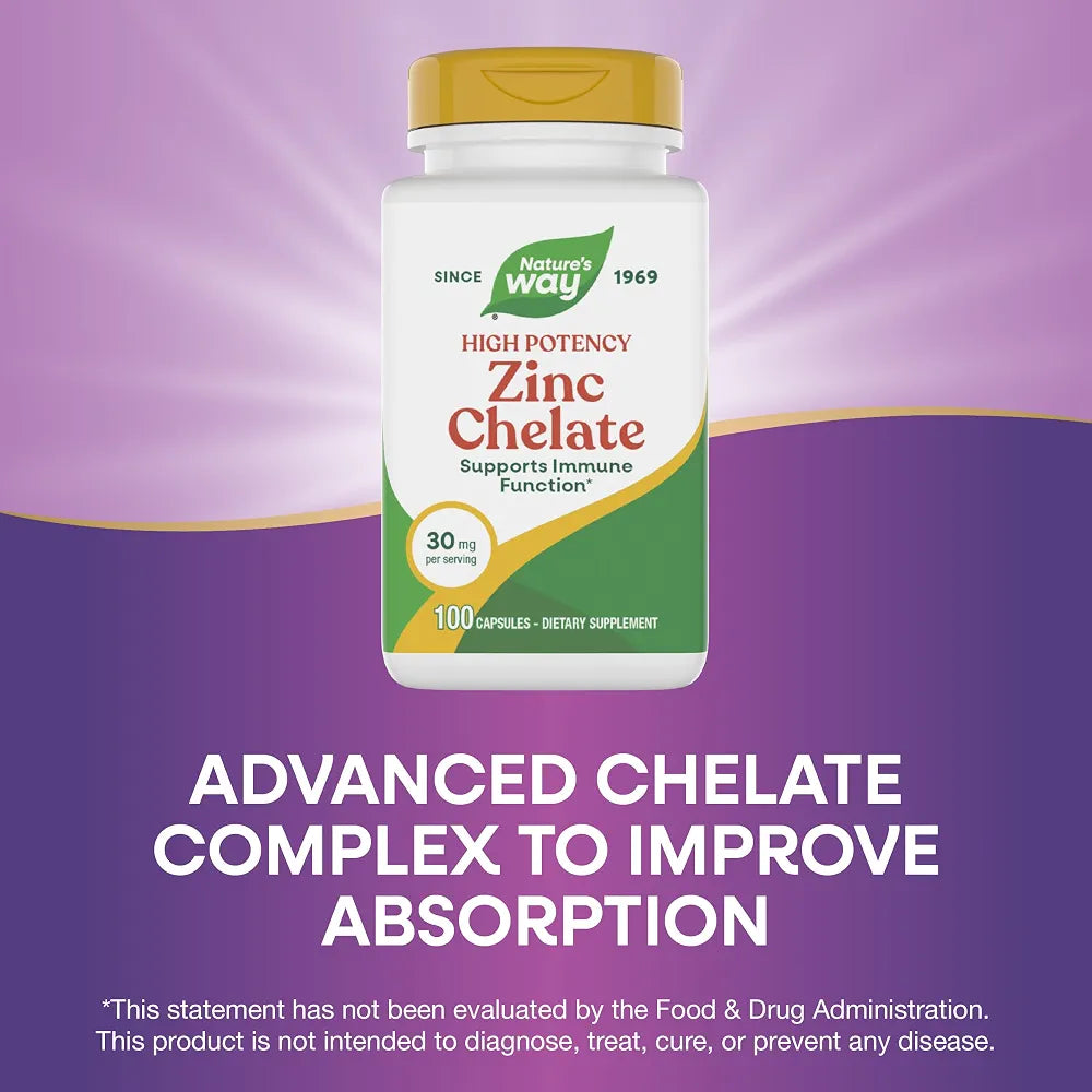 Nature's Way Zinc Chelate, Zinc Supplements, Supports Immune Function*, 30 mg per Serving, 100 Capsules 