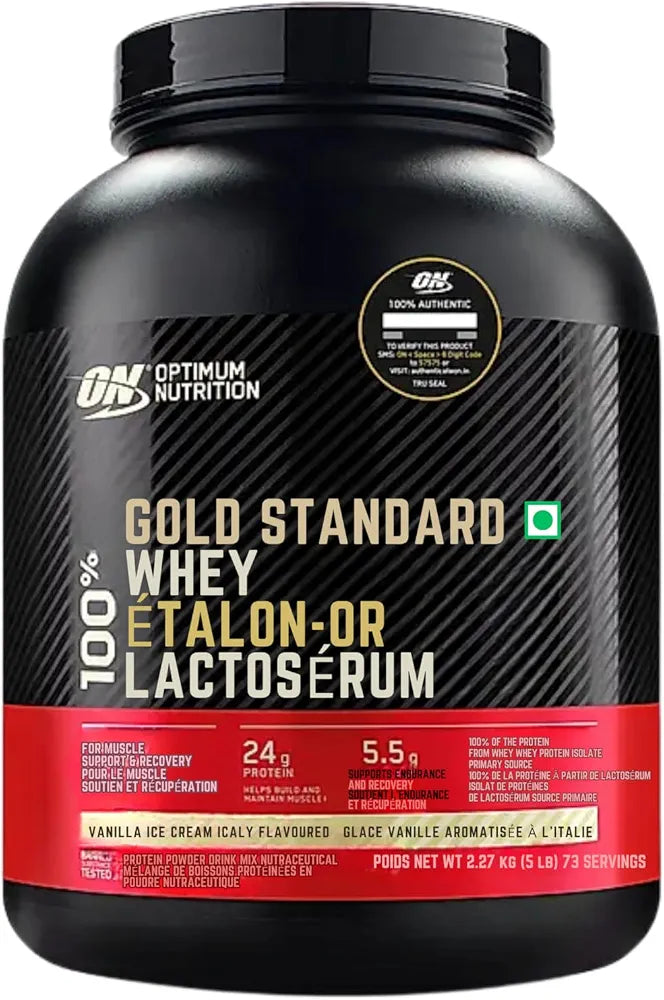 Optimum Nutrition Gold Standard 100% Whey Protein – Vanilla Ice Cream | 5.47 LB | ~80 Servings