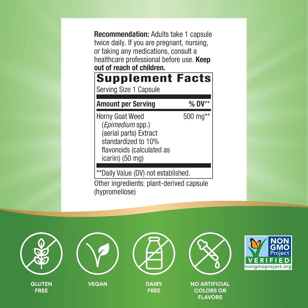 Nature's Way Horny Goat Weed, Standardized Extract, Supports Sexual Vitality*, 500 mg per Serving, Non-GMO Project Verified, 60 Vegan Capsules 
