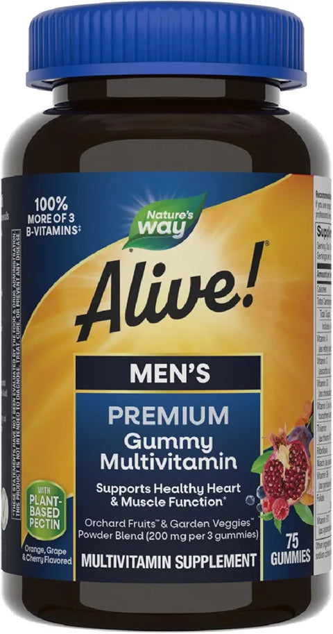 Nature's Way Alive! Men's Premium Gummy Multivitamin Supplement, Supports Healthy Heart*, Muscle Function*, Full B-Vitamin Complex, Orange, Grape, Cherry Flavored, 75 Gummies 