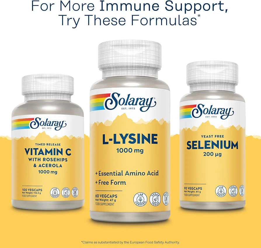 Solaray L-Lysine 1000mg, 60 Vegan Capsules, 500mg per Capsule | Amino Acid Supplement for Pre and Post Workout, Double Strength, 500mg per Capsule, Lab Verified, Magnesium Stearate Free