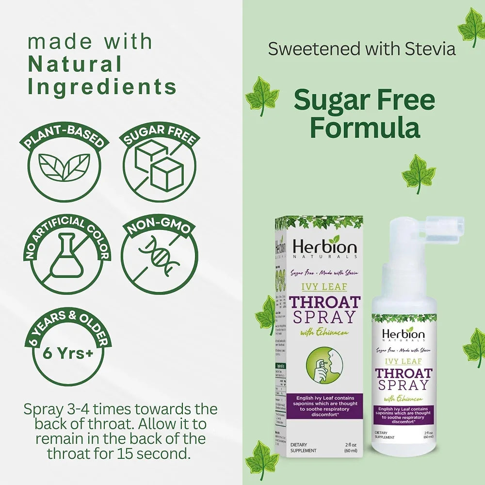 HERBION Naturals Throat Spray, Soothes Respiratory Discomfort with the Power of English Ivy, Marshmallow, and Echinacea extracts for Adults and Children, 2 Fl Oz, Pack of 1
