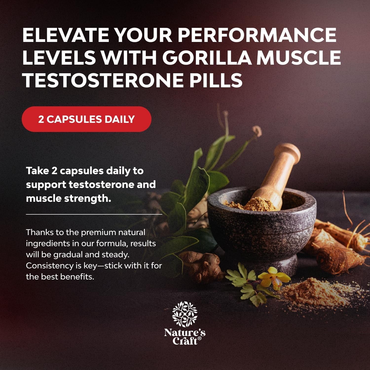 Natures Craft Gorilla Muscle Extra Strength Testosterone Booster Supplement for Men, 60 Capsules