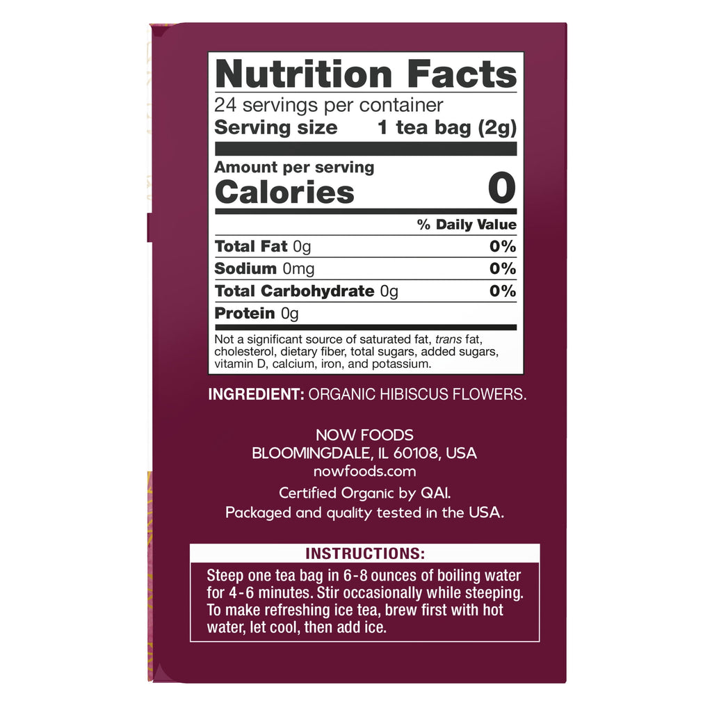 NOW Foods, Organically Hip Hibiscus™ Tea, Caffeine-Free, Non-GMO, No Added Colors, 24-Count