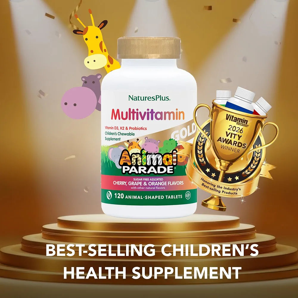 NaturesPlus Animal Parade Source of Life Gold Children's Chewable Multivitamin - Assorted Cherry, Orange & Grape Flavors - 60 Chewable Tablets - Vegetarian, Gluten-Free - 30 Servings