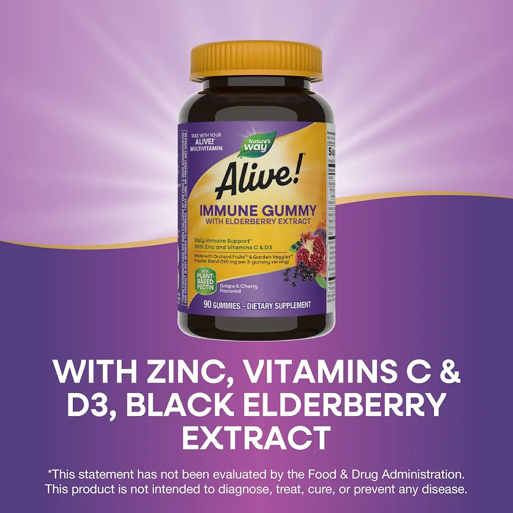 Nature's Way Alive! Immune Support* Gummies with Elderberry Extract, Vitamins C & D3, Zinc, No Gluten, Grape & Cherry Flavored, 90 Vegetarian Gummies 