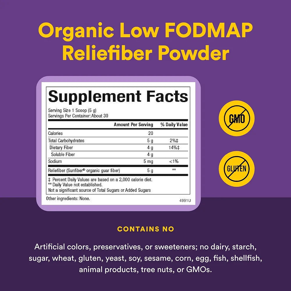 Natural Factors Organic Low FODMAP Reliefiber Powder - Digestive Health Support Supplement with Dietary & Soluble Fiber - Gut Health Support Aids Mild Bloating - Unflavored, 5.3 oz 