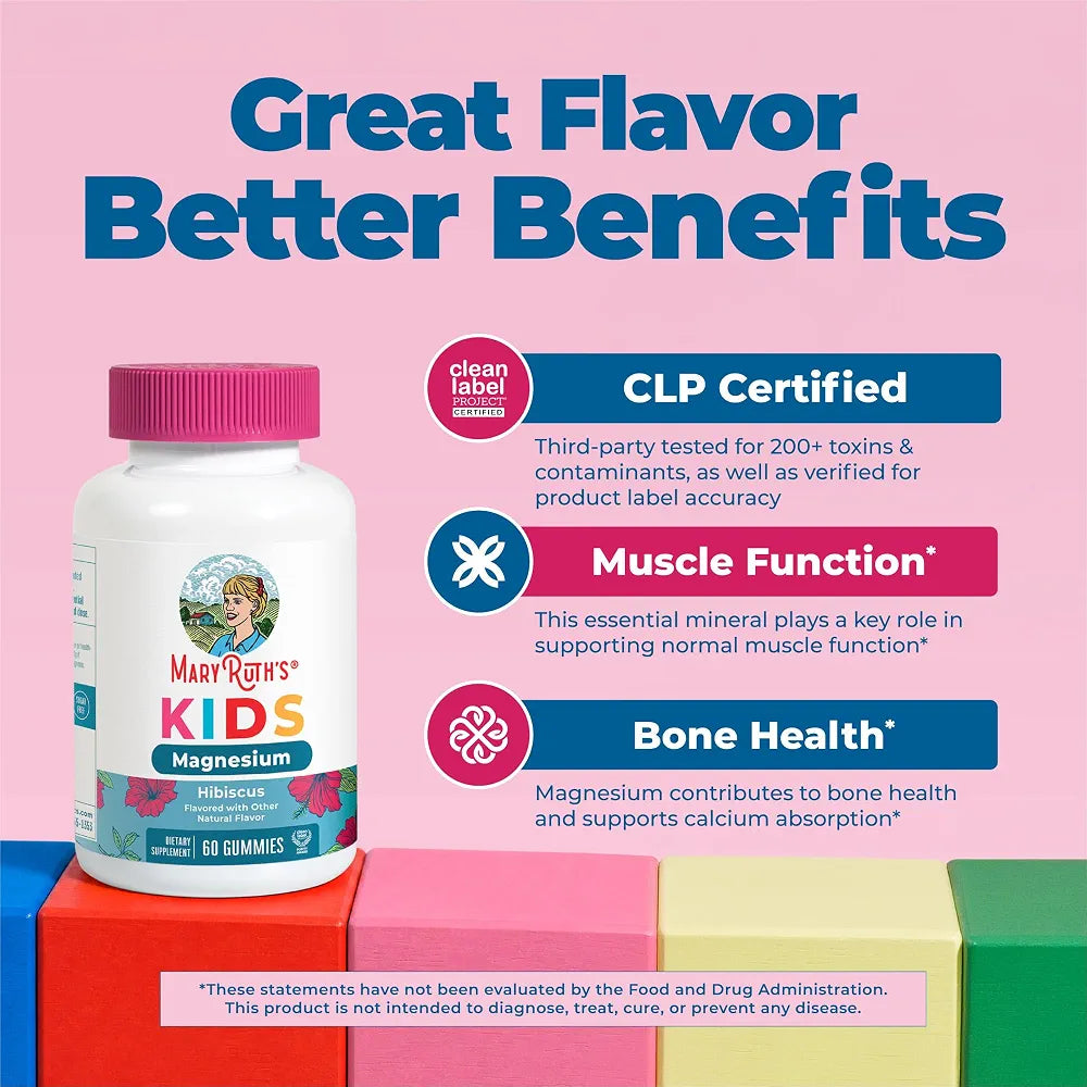 MaryRuth's Kids Magnesium Gummies | 50mg Magnesium Citrate Gummies for Kids 4+ | Bone Health | Calcium Absorption | Essential Mineral | Vegan | CLP Certified | Sugar Free | 60 Count | 2 Month Supply